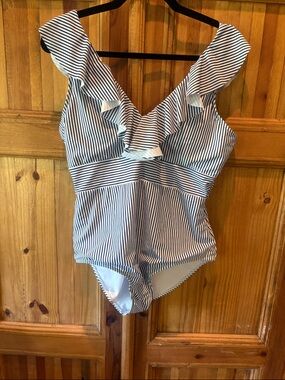 PatPat Navy & White Striped Ruffle One-Piece Swim